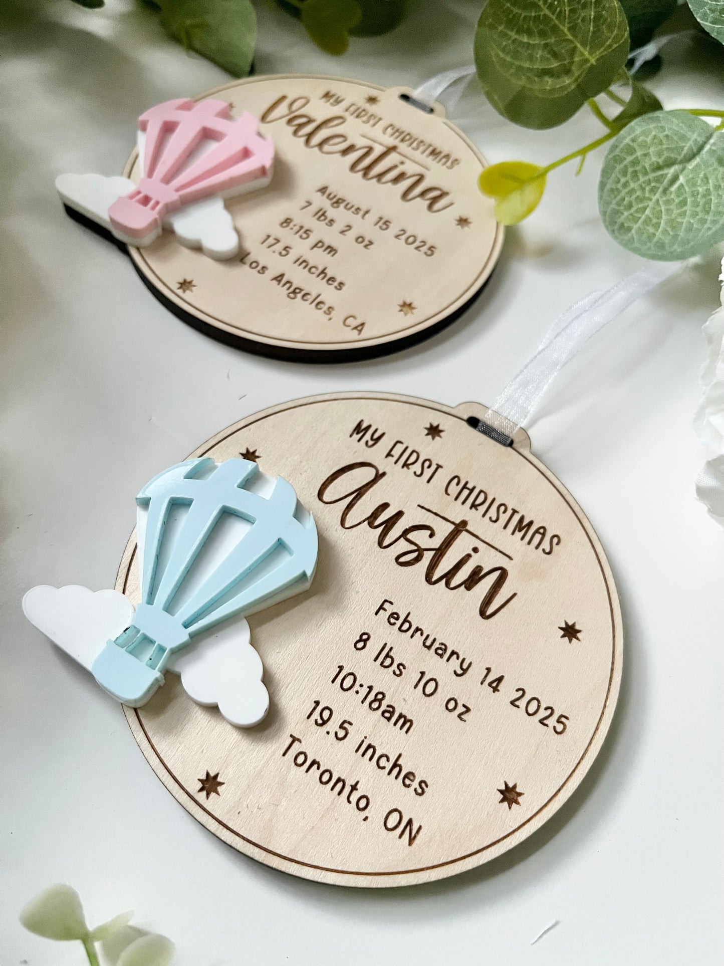Baby Birth Stat Ornament - Hot Air Balloon