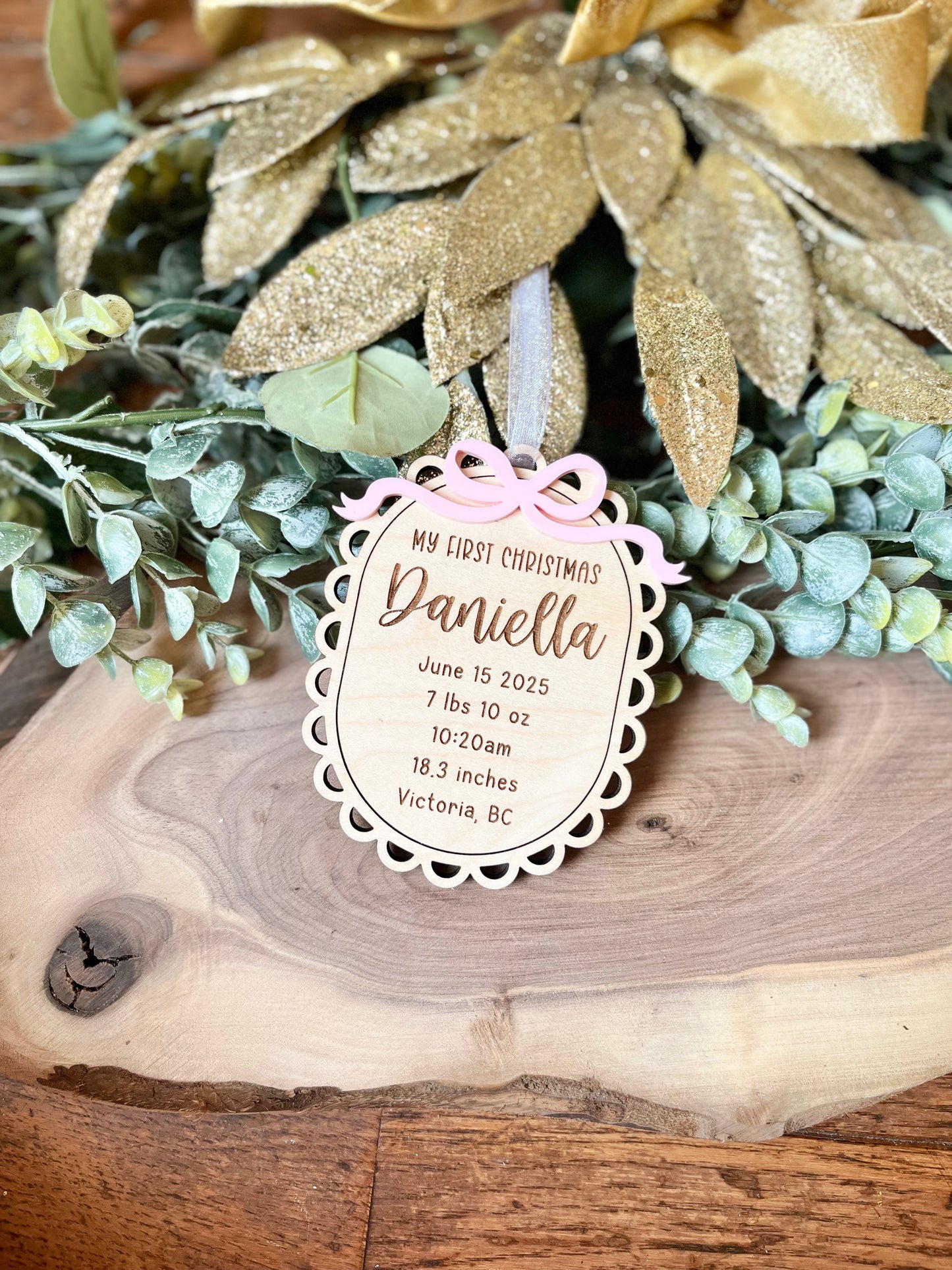 Baby Birth Stat Ornament - Bow