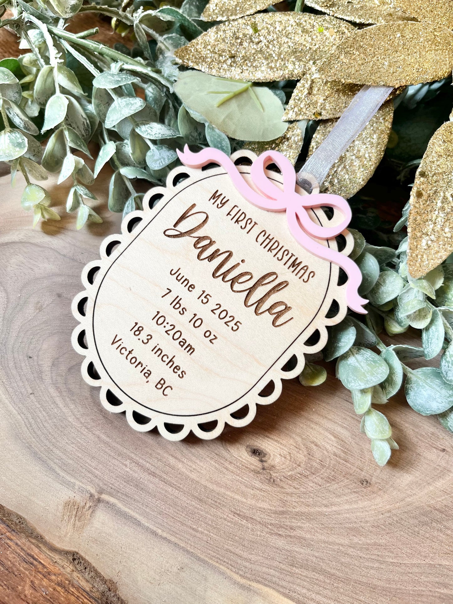 Baby Birth Stat Ornament - Bow