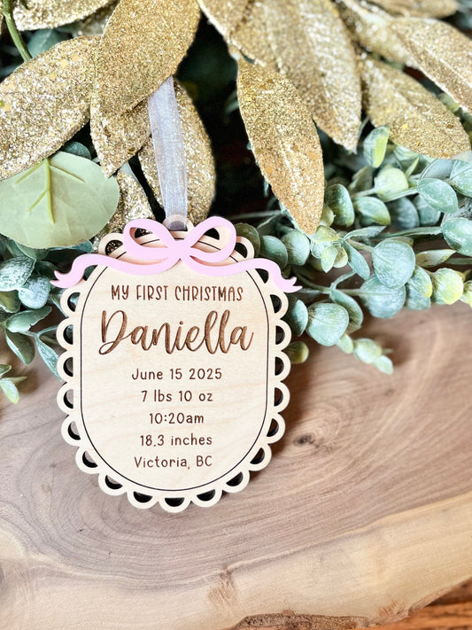 Baby Birth Stat Ornament - Bow